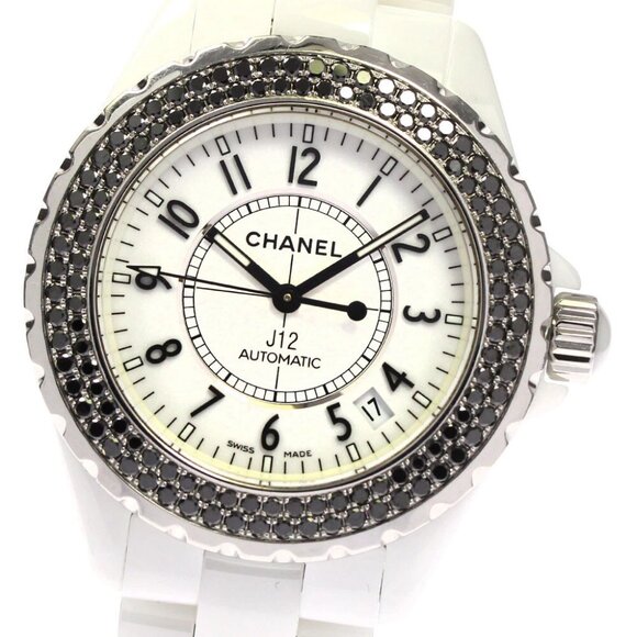 CHANEL J12 Black Diamond Bezel White Ceramic Automatic Ladies Watch - Picture 1 of 7